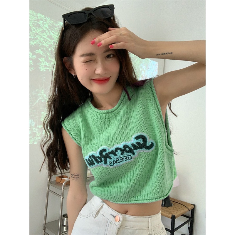 HUANG YOYO Áo Lửng Hai Dây Thêu Họa Tiết Màu Xanh Dương Phong Cách retro Thời Trang Hàn Quốc Cho Nữ