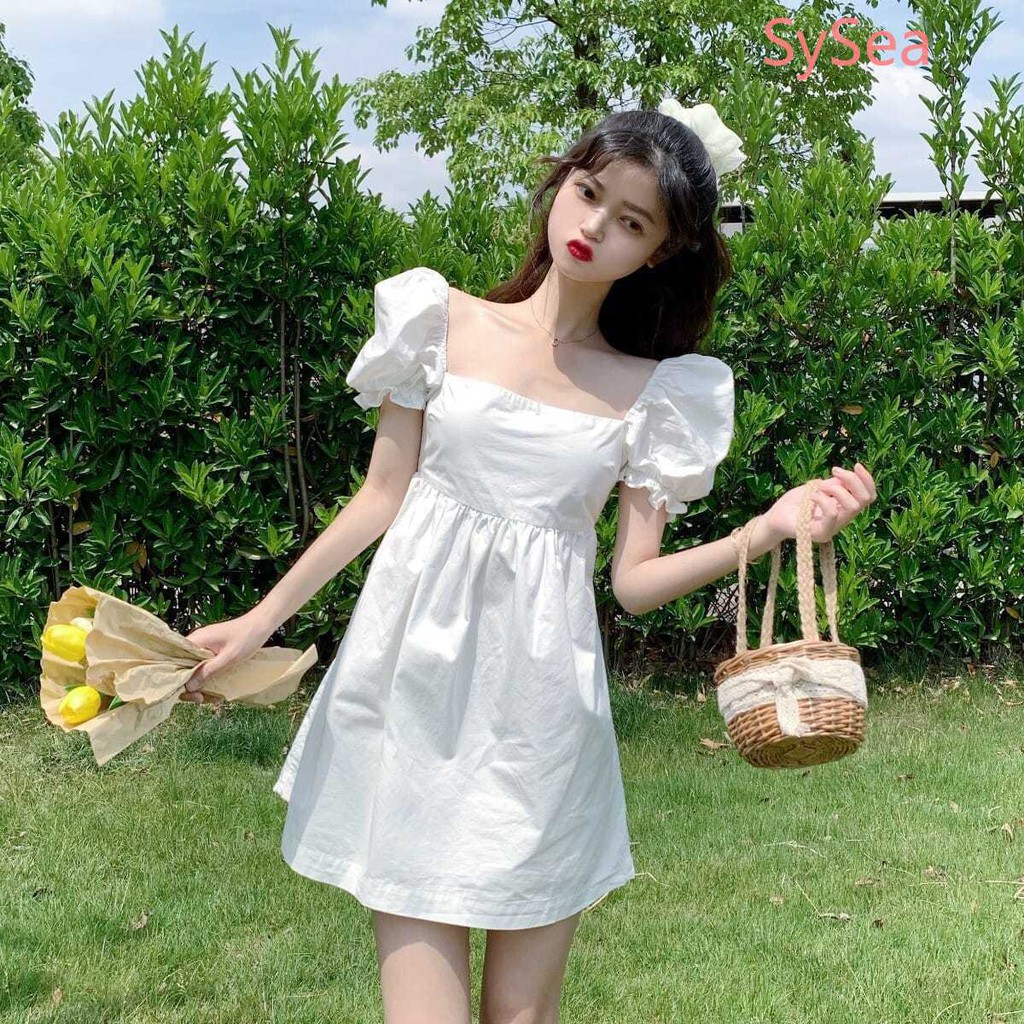 Đầm Cổ Vuông Tay Phồng Phối Nơ Xinh Xắn Thời Trang Mùa Hè Cho Nữ