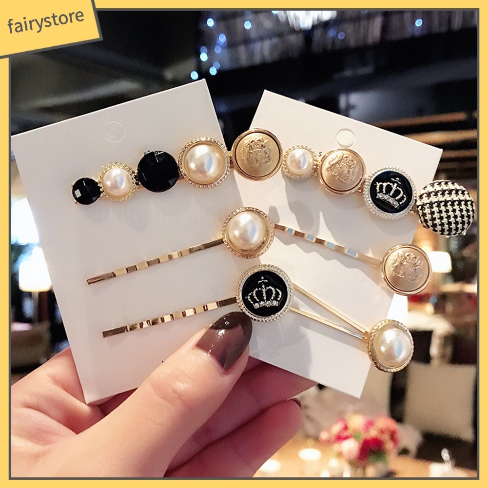 Set 3 kẹp tóc hình vương miện / ngọc trai giả thời trang