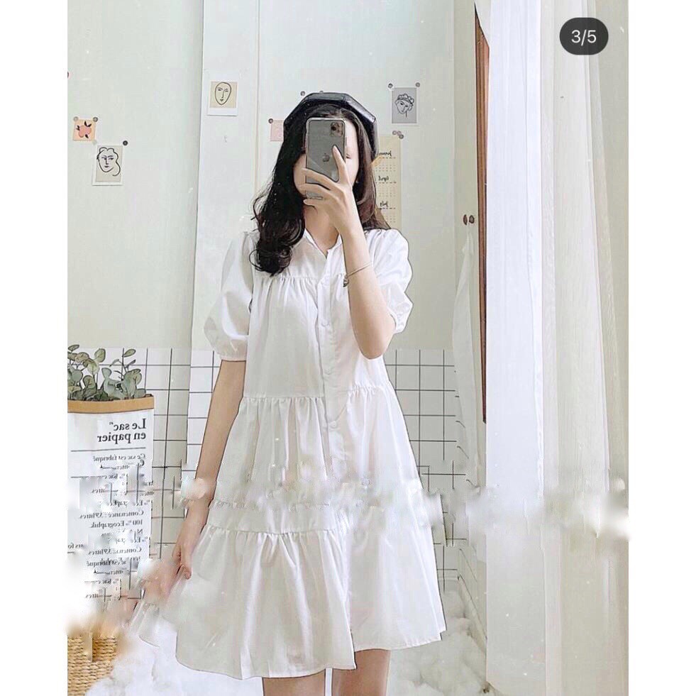 Đầm Sơ Mi Trắng Nữ Cộc Tay, 🌹KemVintage<FREESHIP>🌹, Váy Babydoll Nữ Tay Lỡ Dáng Lửng, Đầm Sơ Mi Đuôi Cá Màu Trắng