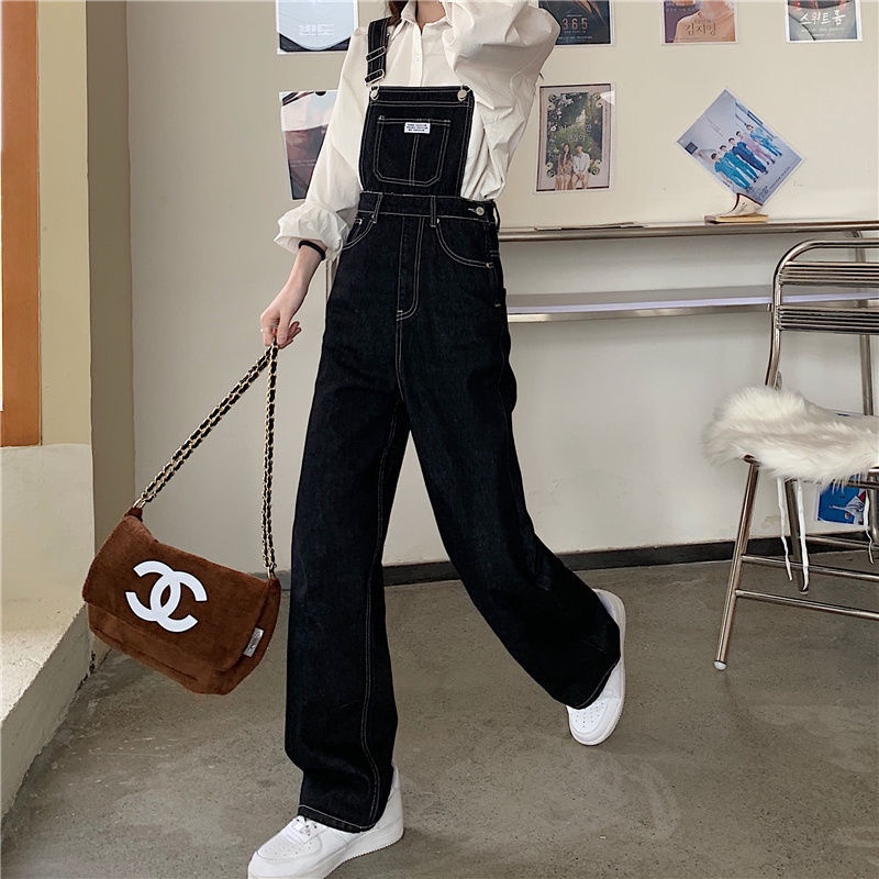 Quần Yếm Denim Đen Dáng Suông Rộng Phong Cách Hàn Quốc Cho Nữ