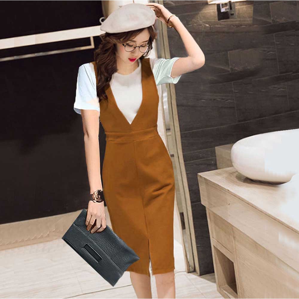 Set Yếm + Áo phông công sở nữ màu vàng bò
