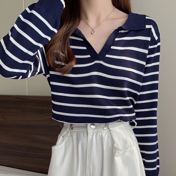 Áo sweater ZHELIHANGFEI cổ polo tay dài kẻ sọc dễ phối đồ hợp thời trang