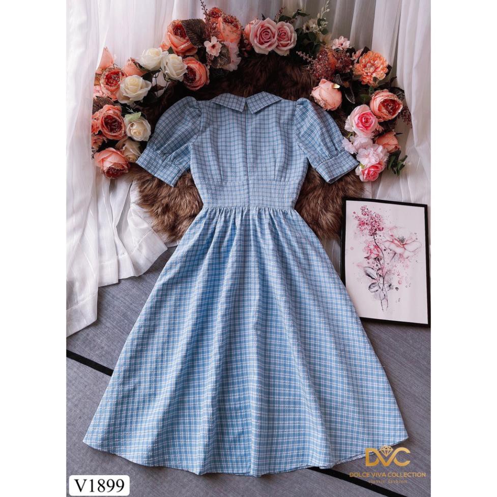 Váy xanh kẻ xòe V1899 - ĐẸP SHOP DVC ( Ảnh mẫu và ảnh trải sàn do shop tự chụp ) 👗 *