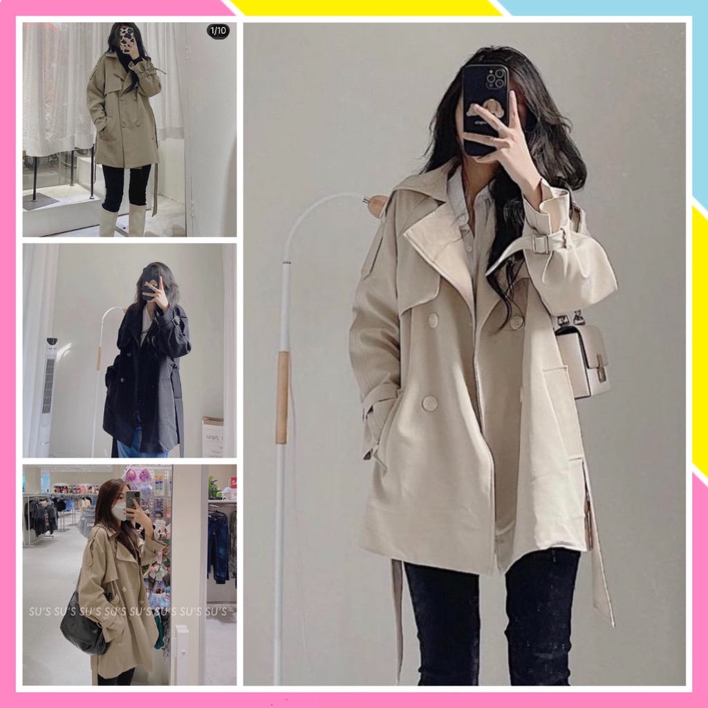 Áo khoác ngoài măng tô nữ dáng vừa kèm đai thắt lưng - vest blazer dài tay dáng dài KAKI cổ bẻ có khuy đẹp hàn quốc
