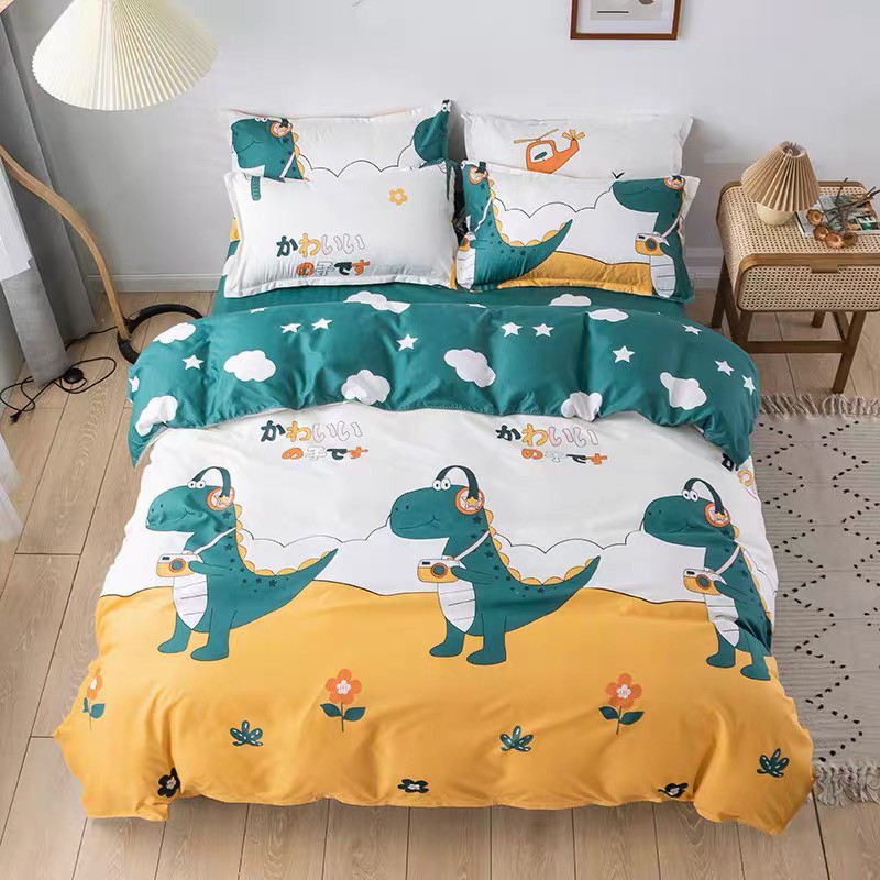 Bộ Chăn Ga Gối Cotton Poly Khủng Long Đáng Yêu - Set 4 Món Đủ Size