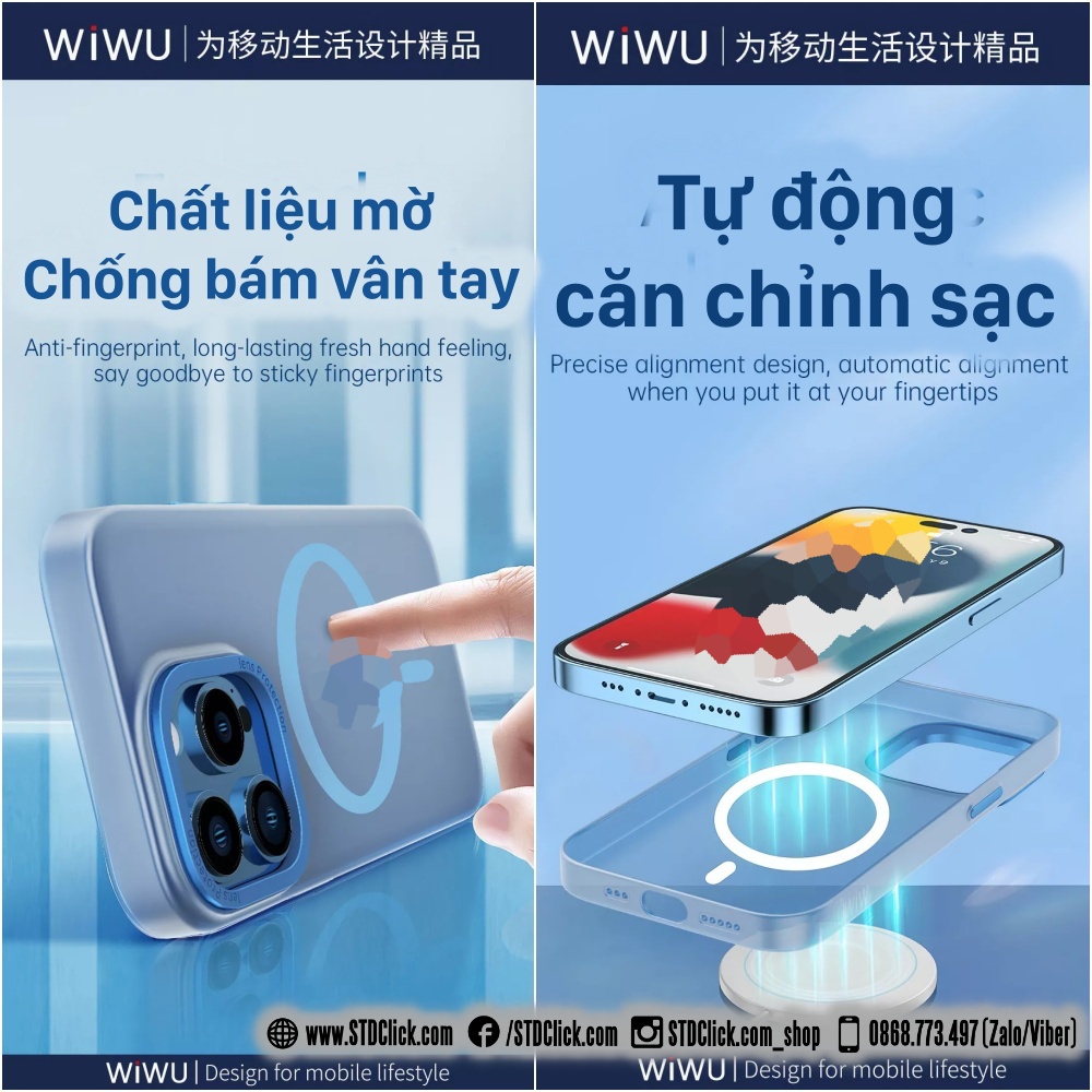 ỐP LƯNG IPHONE 14 PRO MAX - 14 PRO - 14 PLUS - 14 WIWU CHÍNH HÃNG SIÊU MỎNG NHÁM KÈM HỔ TRỢ SẠC KHÔNG DÂY NAM CHÂM