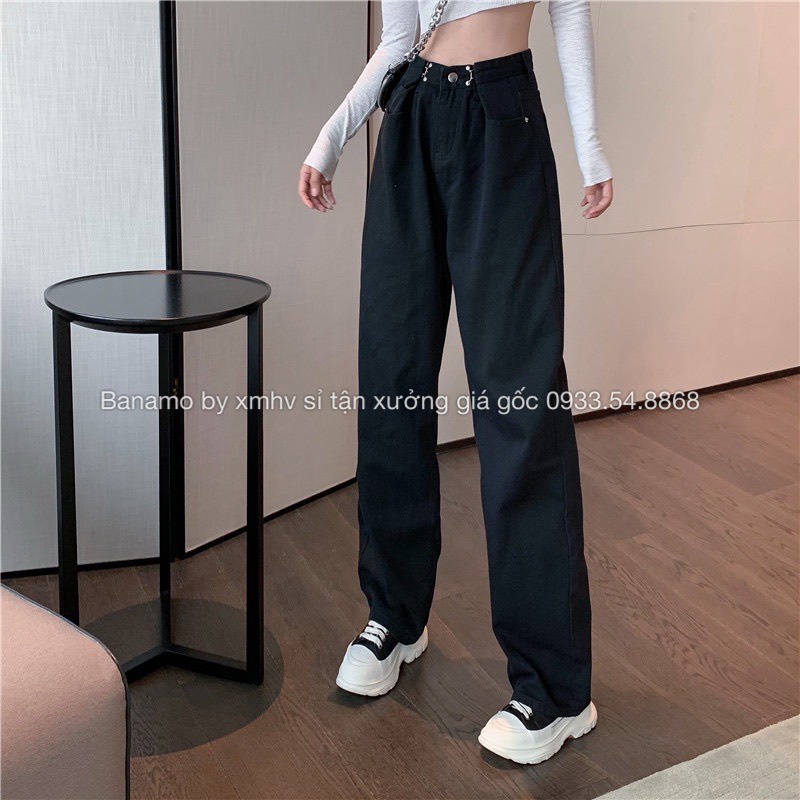 Quần jean nữ phối khuy gài eo cạp cao phong cách Ulzzang Hàn Quốc thời trang Banamo Fashion quần jean nữ cài eo 969