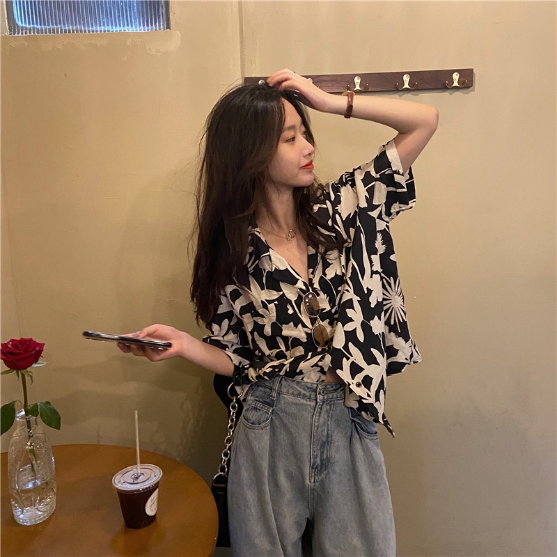 Áo Sơ Mi Tay Ngắn Dáng Rộng In Họa Tiết Hoa Cổ Điển Thời Trang Mùa Hè Cho Nữ