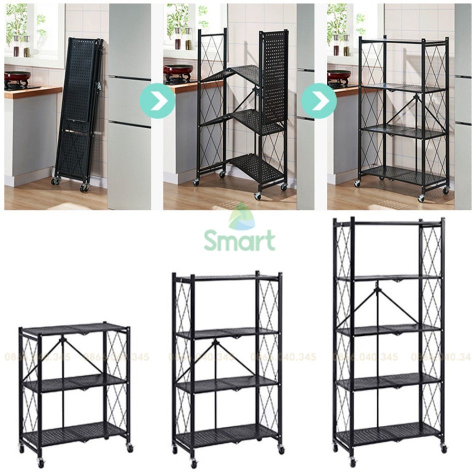 Kệ đa năng gấp gọn có bánh xe 3 tầng, 4 tầng, 5 tầng để cây cảnh, lò vi sóng, lò nướng, sách vở