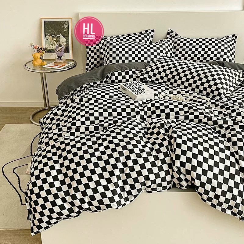 Bộ chăn ga Cotton Poly HL bedding chăn ga Hàn Quốc Bàn cờ vua caro ô vuông đen trắng nhỏ đủ size miễn phí bo chun