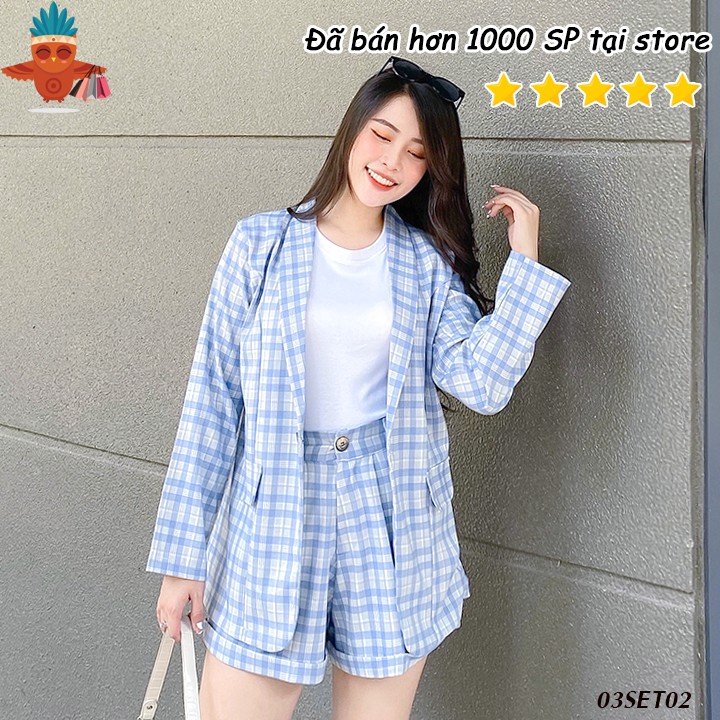 Set blazer khoác vest tay dài phối với quần ngắn săn lai caro xanh THOCA HOUSE size S, M thanh lịch công sở