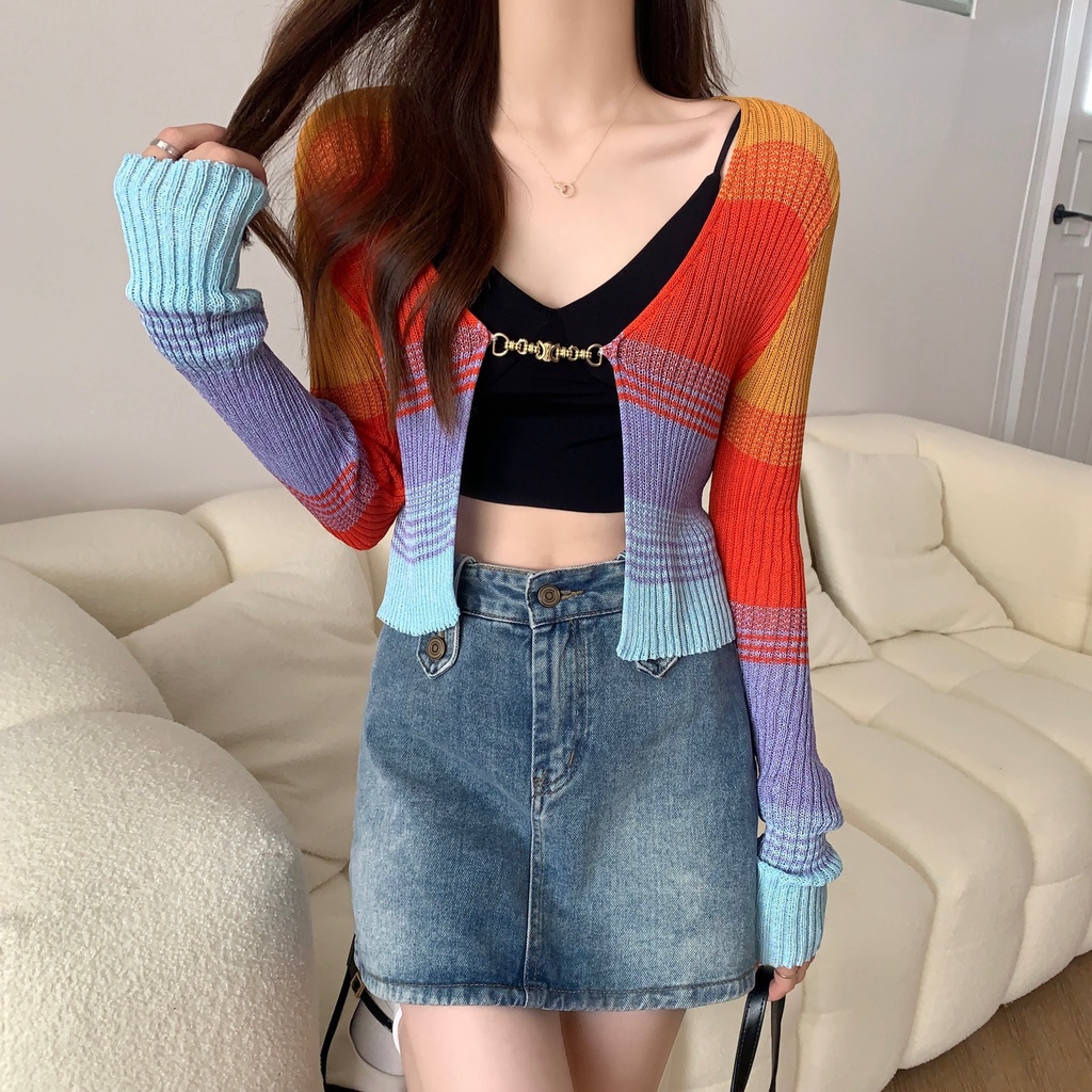 Áo Khoác Cardigan Dệt Kim Mỏng Màu Sắc Cầu Vồng Tương Phản Thời Trang Mùa Hè Cho Nữ