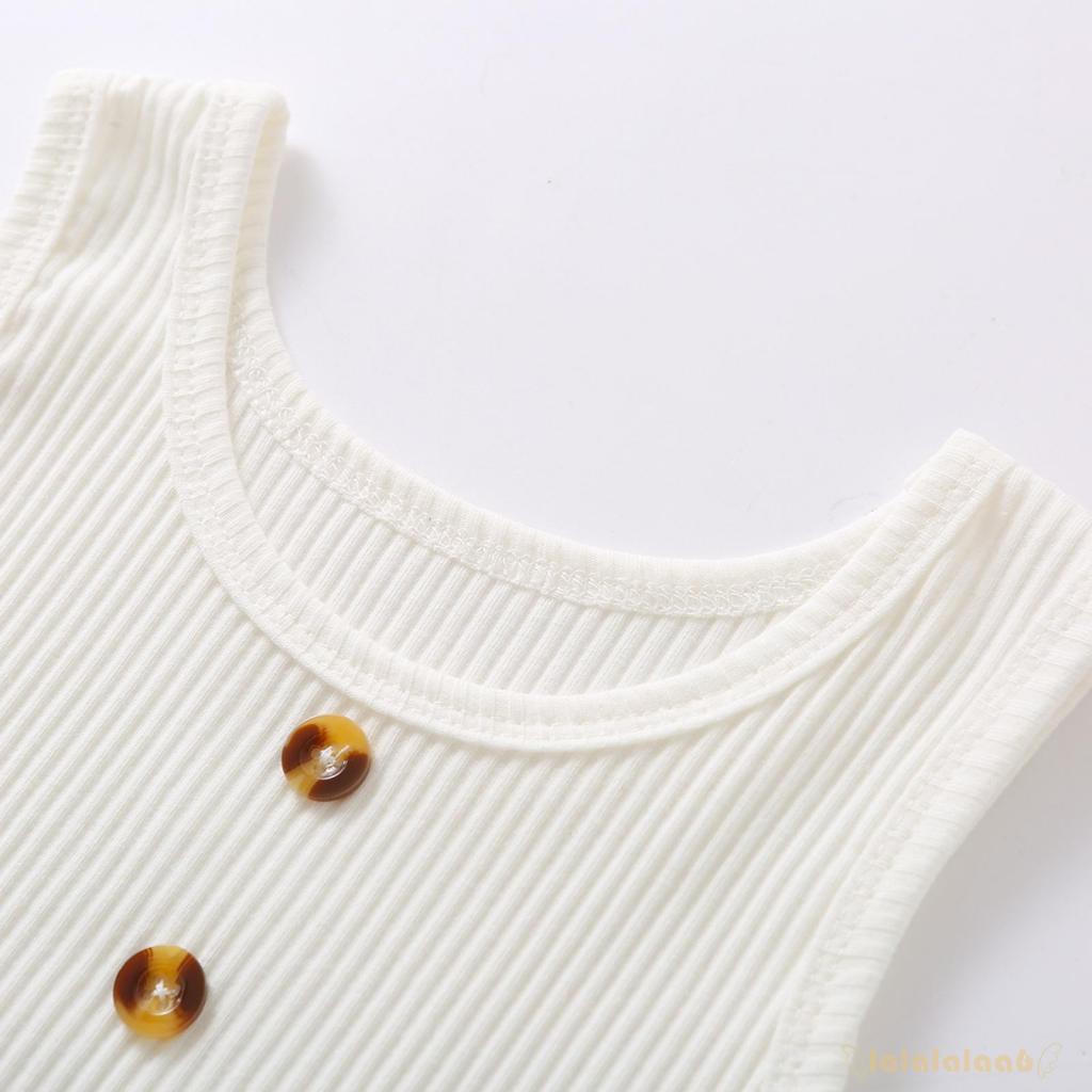 Bộ 2 món áo sát nách cổ tròn màu trơn + quần jean ống loe phối túi thời trang mùa hè năng động cho bé gái