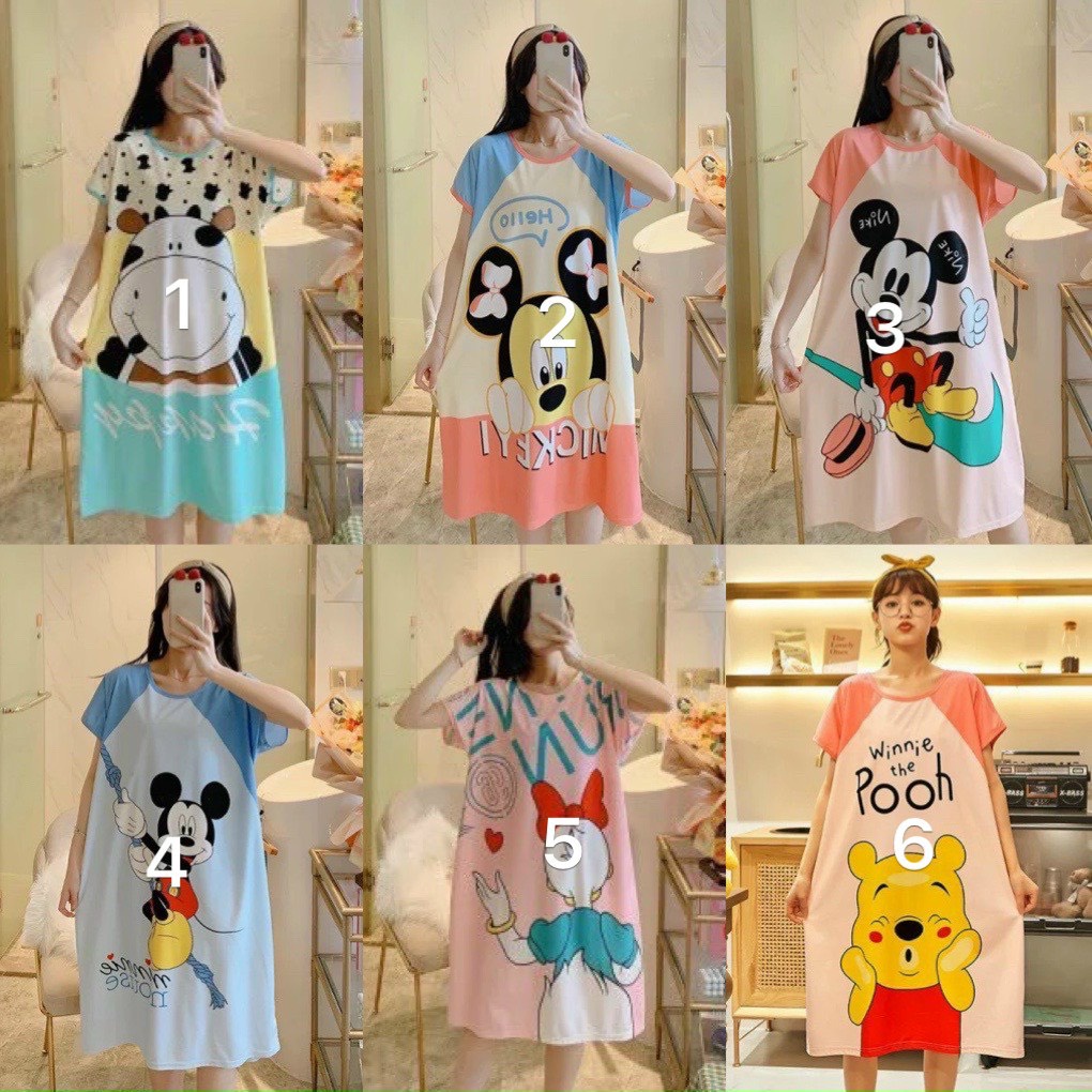 Váy ngủ sát nách suông hoạt hình vải cotton thoáng mát Đầm ngủ mickey