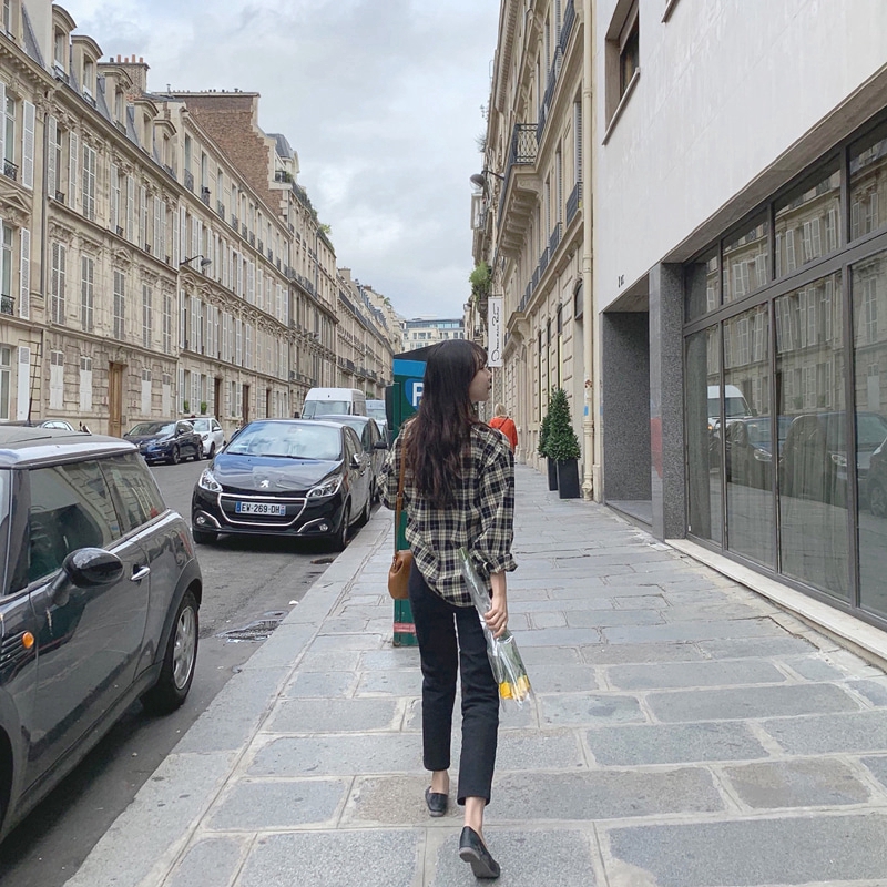 SUXI Áo Sơ Mi Caro Tay Dài Phong Cách Hàn Quốc