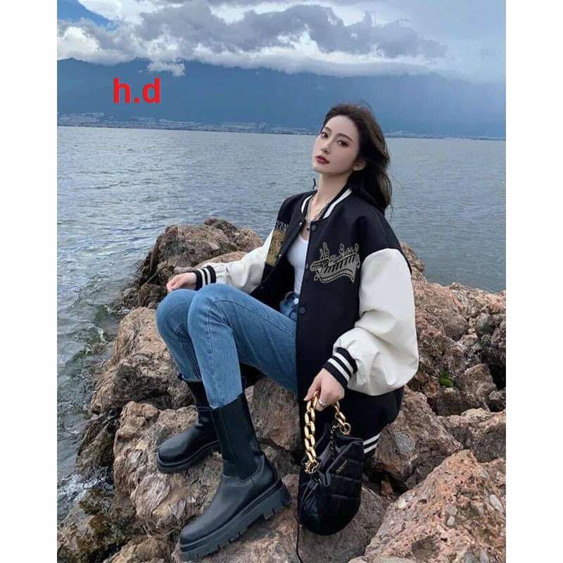 Áo Khoác Bomber Chữ F L cúc bấm nam nữJacket Unisex Chất nỉ vs gió Form &lt;55kgÁo Bóng Chày Phong cách Thể thao