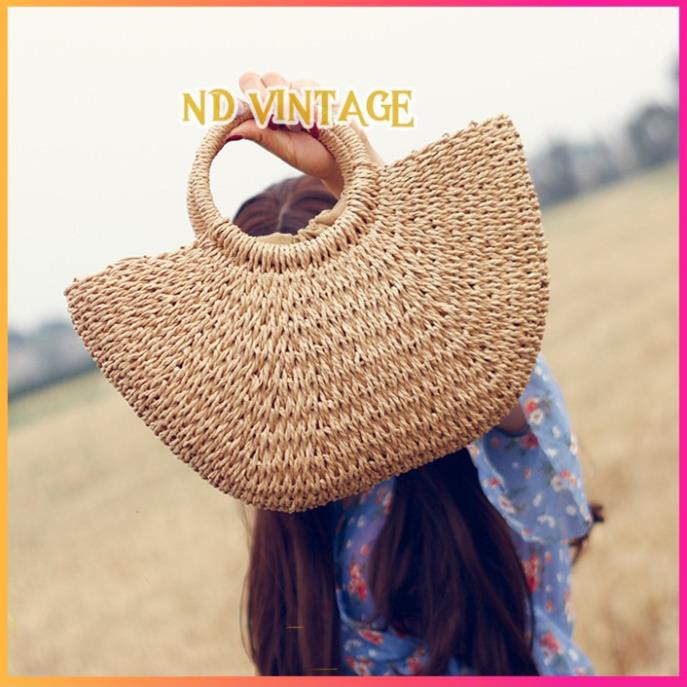 Túi Cói Bán Nguyệt Đi Biển Xách Tay Vintage, Vải Lót Đẹp, Có Dây Rút Giữ Đồ Chắc Chắn (Có 2 Size)
