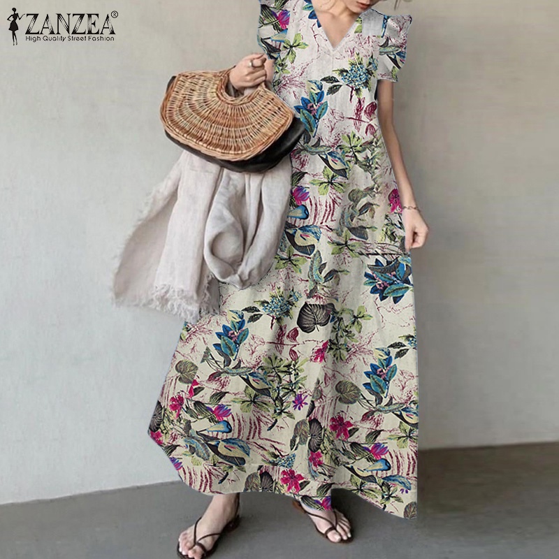 Đầm dài ZANZEA cổ chữ V tay ngắn phong cách retro thời trang cho nữ