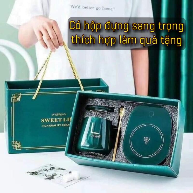 Bộ cốc sứ có nắp và thìa kèm đế hâm nóng giữ nhiệt