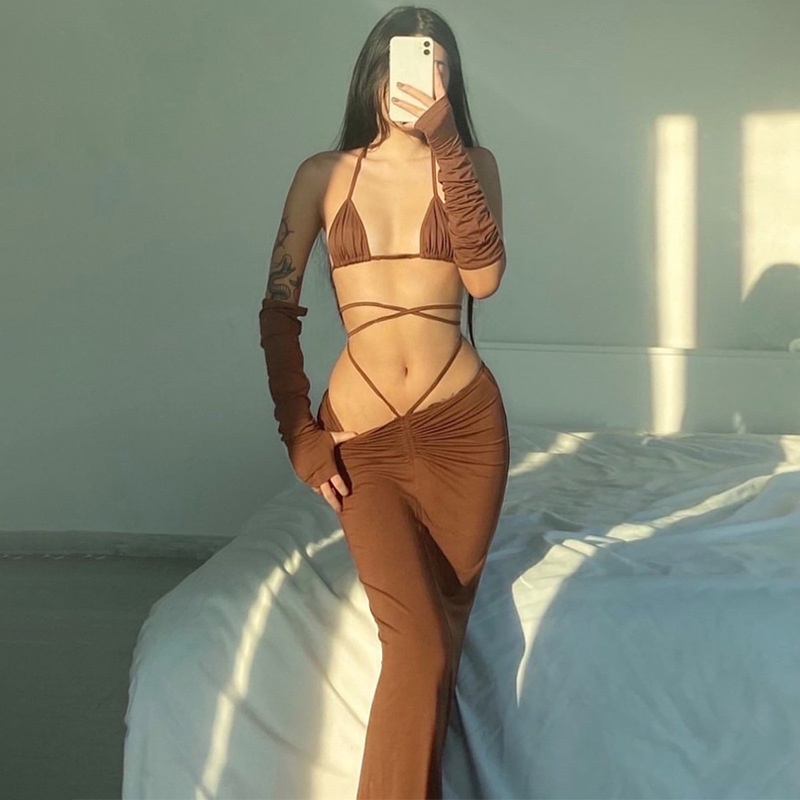 Bộ Áo Ống Kèm Găng Tay Và Chân Váy Lưng Thấp Thời Trang Gợi Cảm Dành Cho Nữ