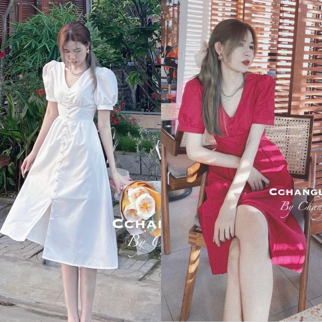 ĐẦM CỔ V NÚT BỌC XẺ TÀ FORM BO EO
