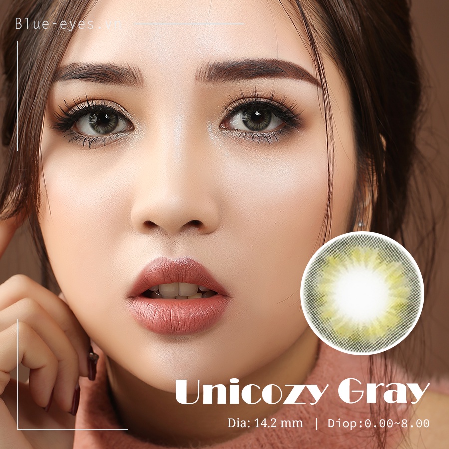 Kính áp tròng Hàn Quốc xám trầm UNICOZY GRAY, độ cận 0-8, hsd 6 tháng, giãn tròng 14.2.