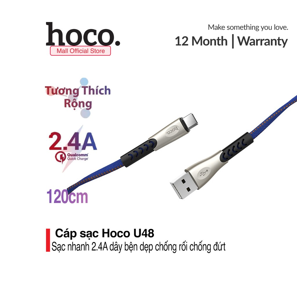 Cáp sạc nhanh Hoco U48 cho điện thoại dây dù chống đứt ( Hỗ trợ sạc nhanh 2.4A Max, dài 1.2m )