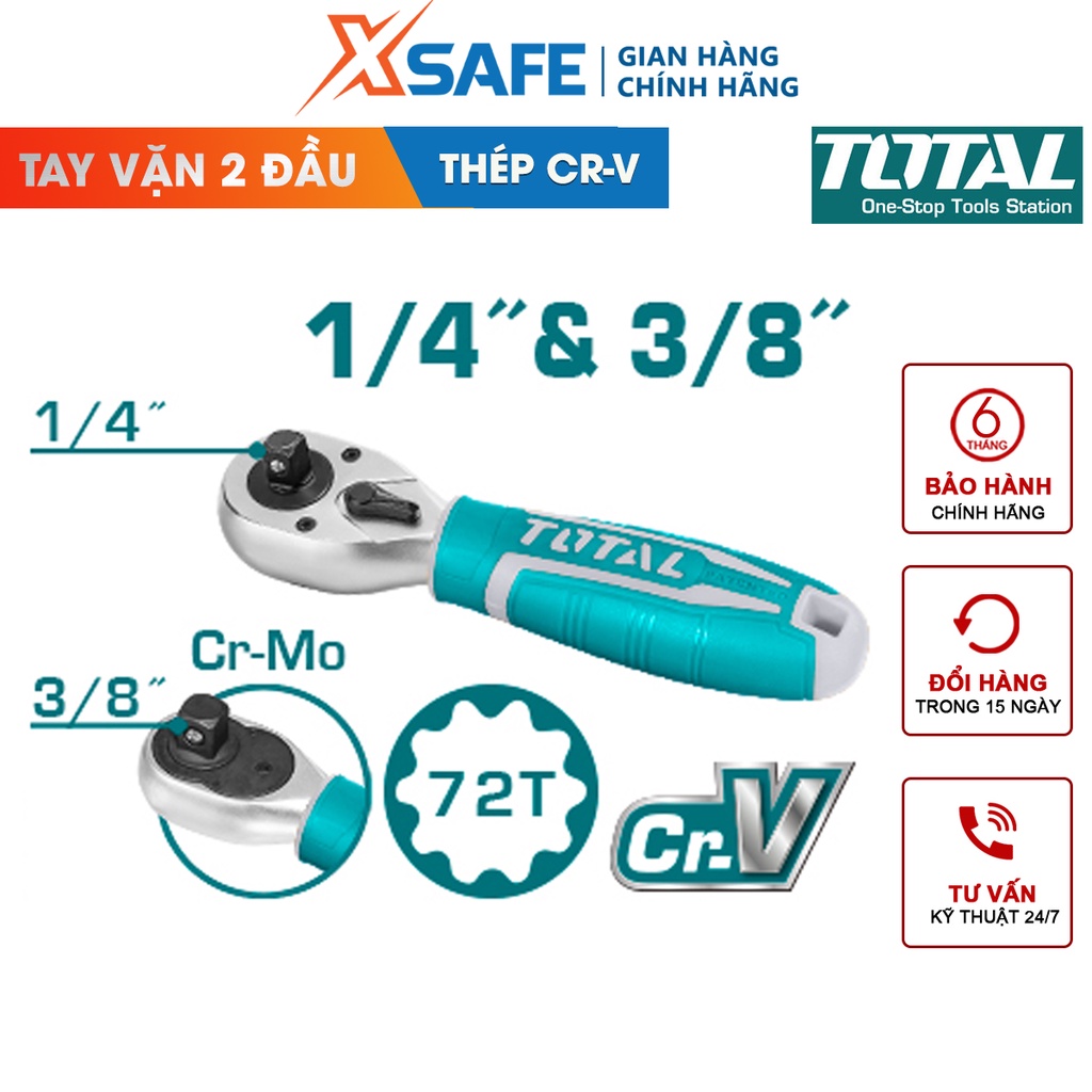 Cần siết lực tự động đảo chiều 2 đầu 1/4 và 3/8inch Total THT1061438 tay vặn gắn đầu tuyp ốc bulong dài 140mm