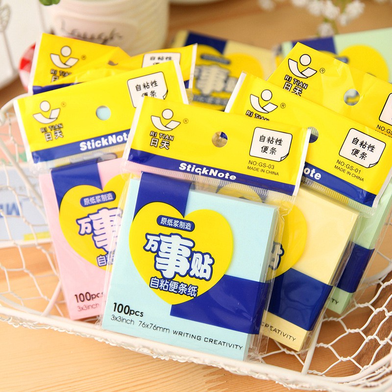 Giấy nhớ vuông sắc màu, giấy ghi chú dán được (100 tờ)