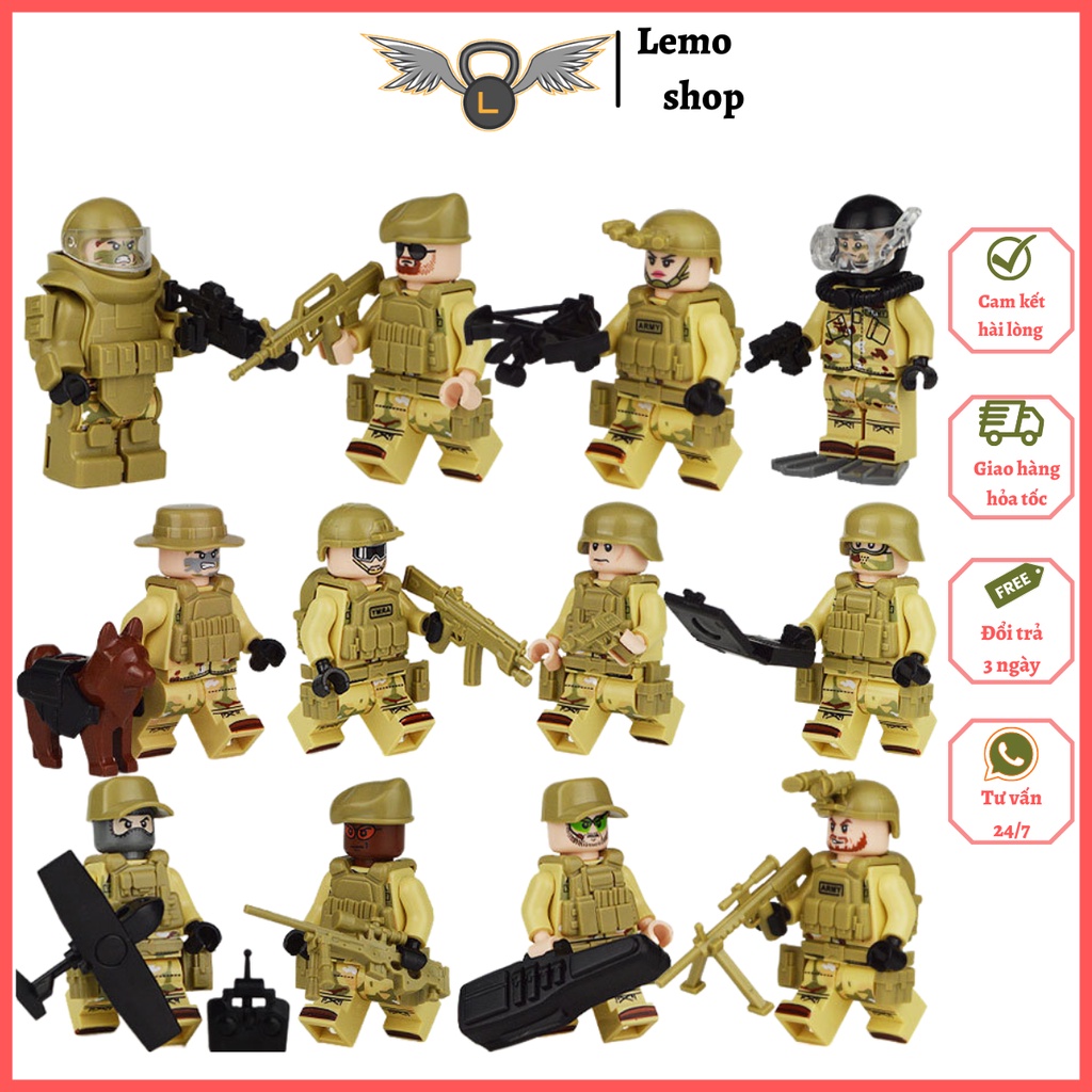Đồ chơi lắp ráp lính swat Combo 12 lính vàng Quân Sự Kèm vỉ phụ kiện Và Chó Nghiệp Vụ Lemoshop , đồ chơi xếp hình 1633