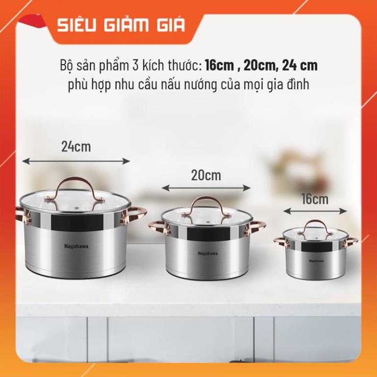 Hàng chính hãng Bộ 3 nồi inox cao cấp 5 đáy Nagakawa NAG1352  dùng cho mọi loại bếp - Hàng Chính Hãng