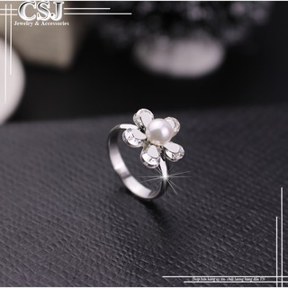 Nhẫn inox nữ thời trang hoa mai đính ngọc trai cực sang trọng