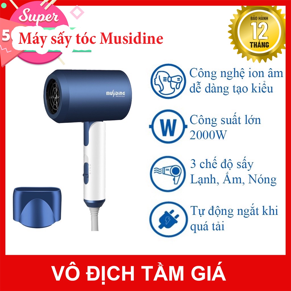 Máy sấy tóc 2000W chính hãng Musedine, công nghệ ion âm, 2 chiều nóng lạnh bảo vệ tóc, bảo hành 12 tháng