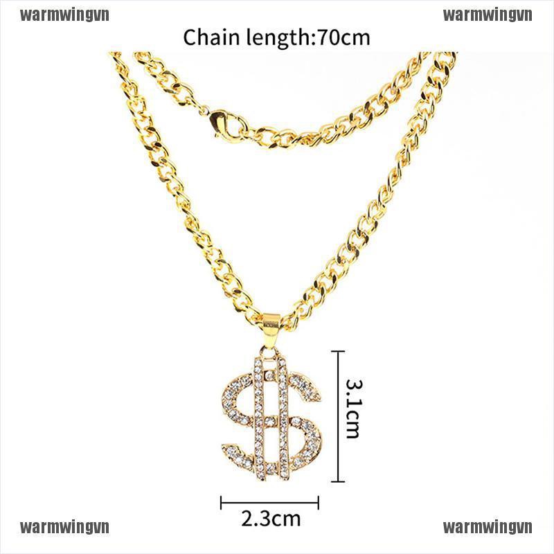 Gold Plated Crystal Dollar Sign Pendant Necklace Gangster Pimp Hip Hop Chain ingvn