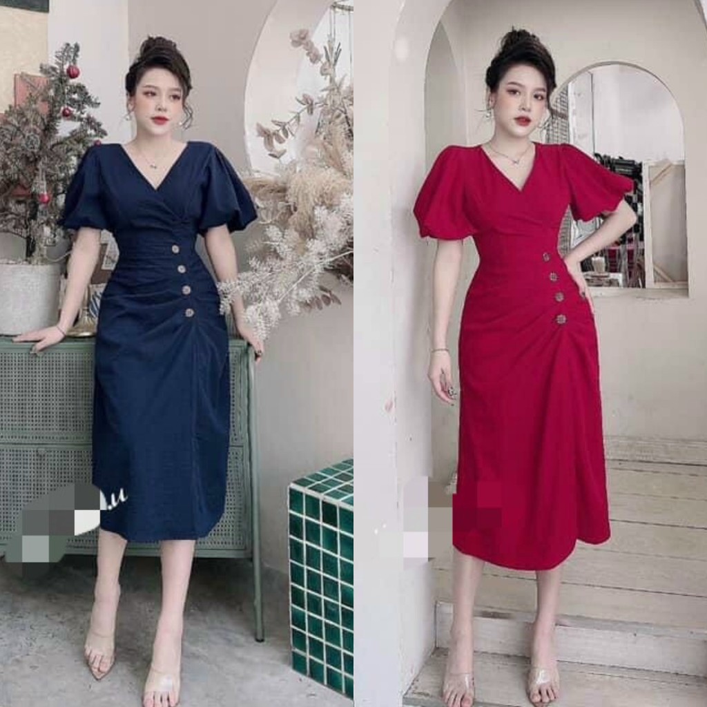 Đầm Dự Tiệc Đầm Thiết Kế Nhún Eo Cổ V Nút Gỗ Tôn Dáng Xinh Lung Linh195 | BigBuy360 - bigbuy360.vn