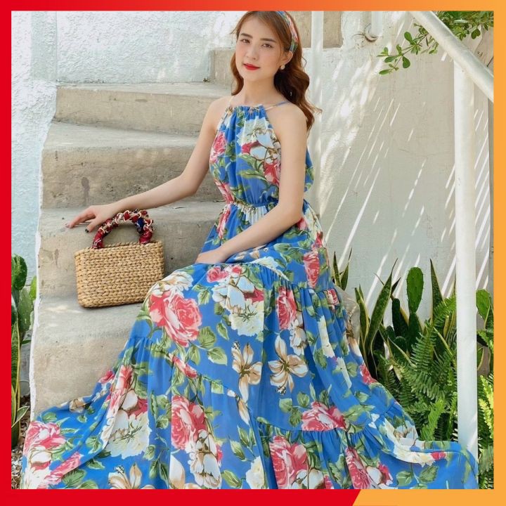 Váy maxi hoa⚡𝑺𝑰𝑬̂𝑼 𝑻𝑶̂𝑵 𝑫𝑨́𝑵𝑮⚡ Váy dáng dài đi biển, vải voan 2 lớp, mềm mại, hàng Quảng Châu cao cấp loại 1 | BigBuy360 - bigbuy360.vn