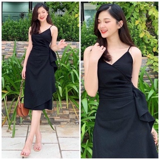 Đầm hai dây đen bèo eo (kèm hình thật)
