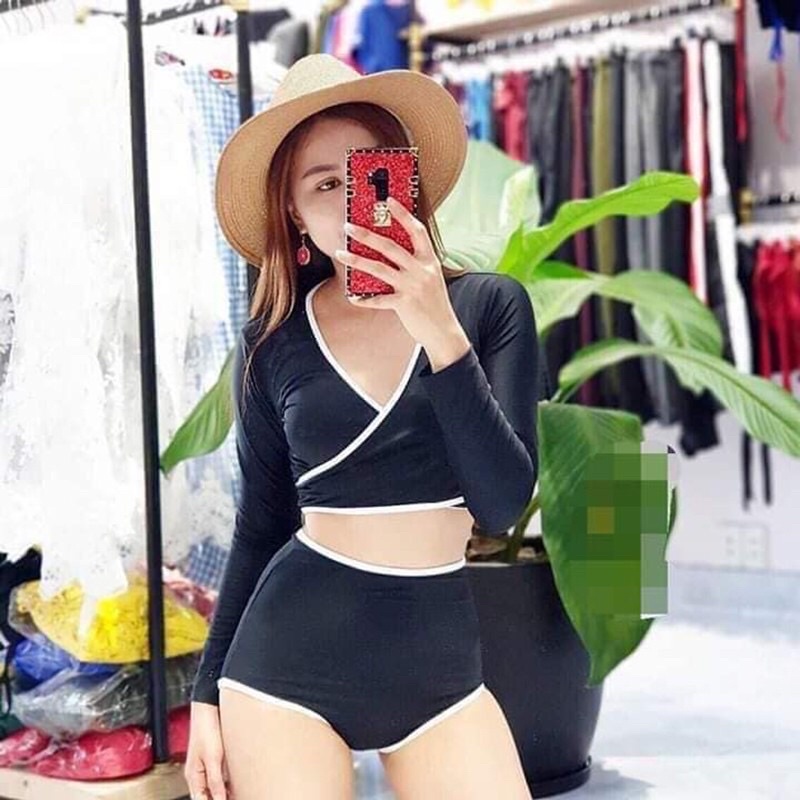 Bikini Đồ bơi tay dài đi biển màu đen viền trắng cột dây ngực | BigBuy360 - bigbuy360.vn