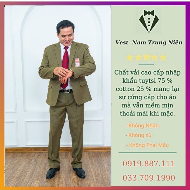 Veston Nam Trung Niên, Bộ Vest Hồng Ngọc Chất Liệu Cao Cấp Đường May Tỉ Mỉ