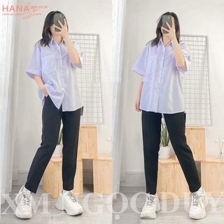 Áo sơ mi nữ tay ngắn lỡ đi học form rộng túi ngực cổ bẻ xanh trắng - Áo sơ mi trắng nữ cộc tay học sinh mặc đi học đẹp
