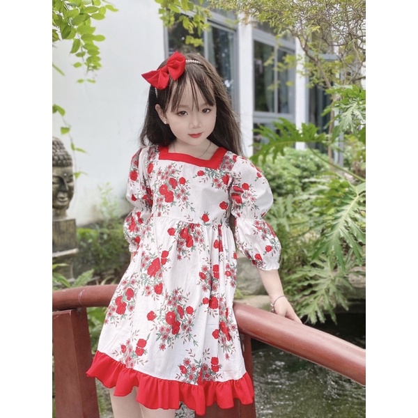 Váy Bé Gái Hoa Đỏ Kèm Bờm Ngọc, Váy Thiết Kế Tiểu Thư Cho Bé Mùa Thu Đông