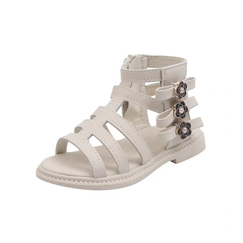 Sandal chiến binh bé gái - dép cho bé cao cổ có khóa kéo đính nơ hoa đế chống trượt đi mùa hè Babybees 516
