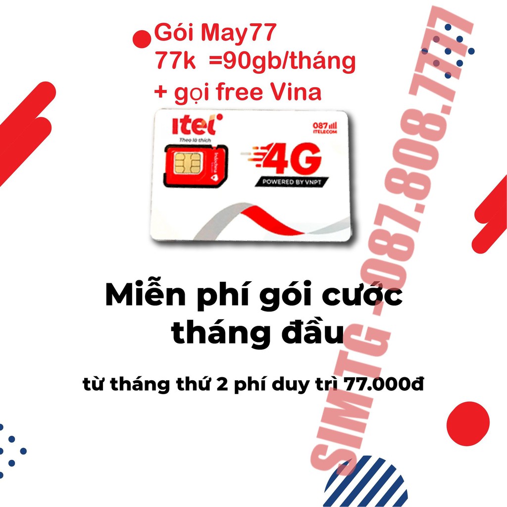 [RẺ VÔ ĐỊCH] Sim 4G ITelecom - Vinaphone - Data 90Gb/tháng - Miễn Phí Gọi VinaPhone - Cước duy trì 77k/tháng