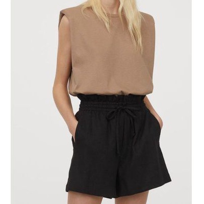 Quần short ngắn H&M xuất xịn lưng cao linen đũi lưng thun thắt nơ màu vàng kem, xanh da trời