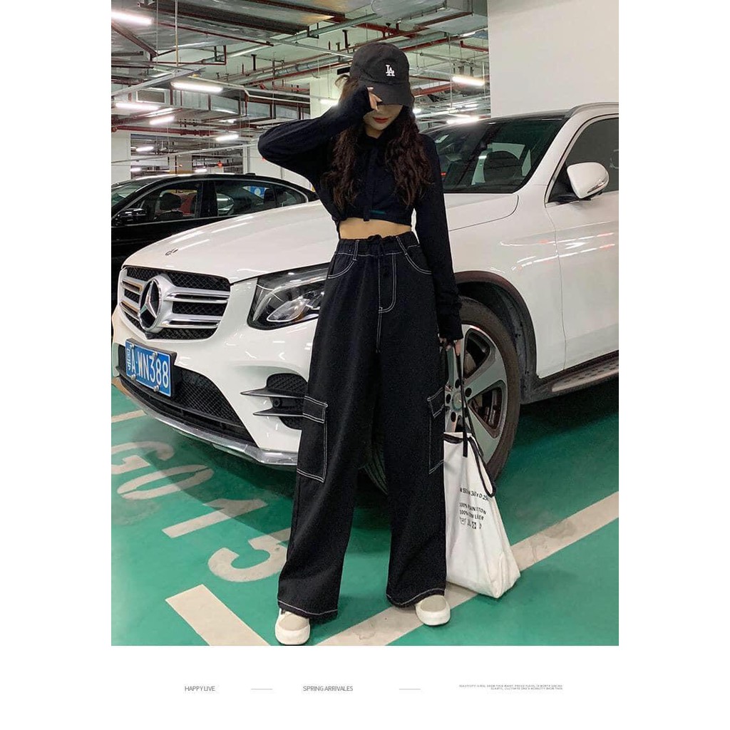 Quần suông ống rộng unisex giả jean viền chỉ lưng cao kèm túi hộp 2 bên màu đen GuuZ Fashionista | BigBuy360 - bigbuy360.vn