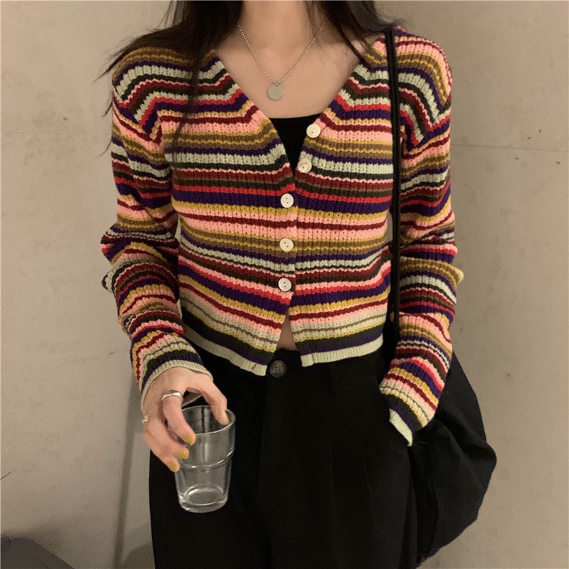 Áo len croptop dệt kim nữ màu sọc cổ chữ V phong cách retro