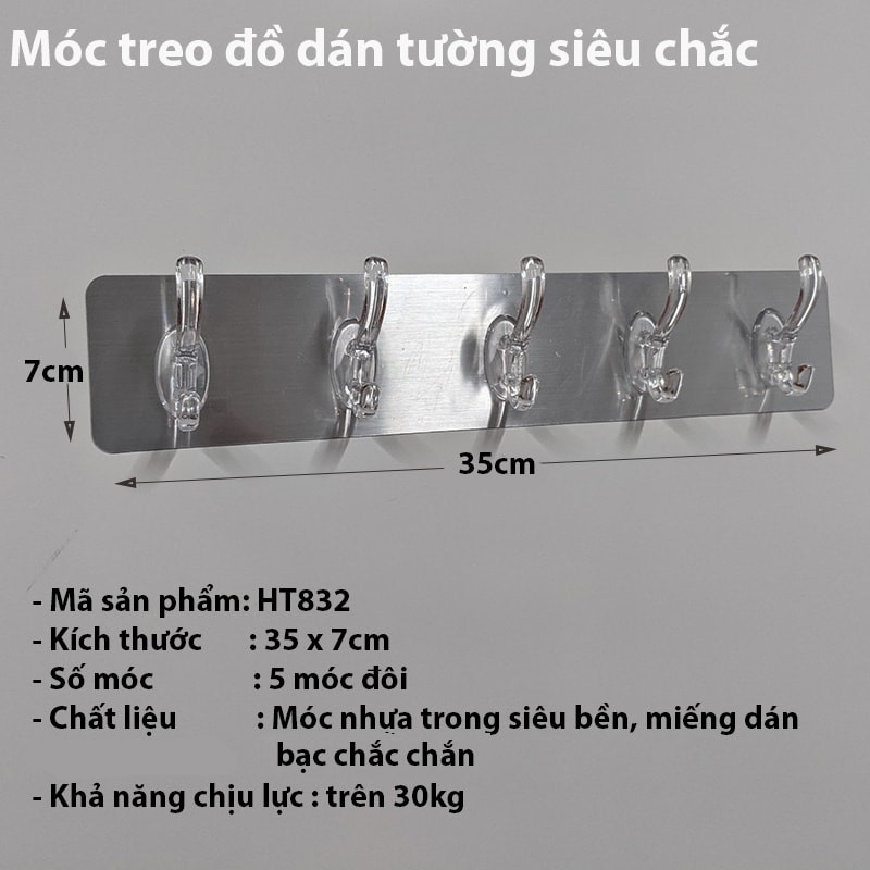 Móc treo đồ, treo quần áo dán tường siêu chịu lực đa năng 5 móc HT832