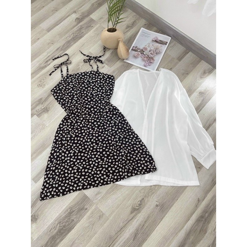 Sét đầm hoa 2 dây kèm khoác len 10304