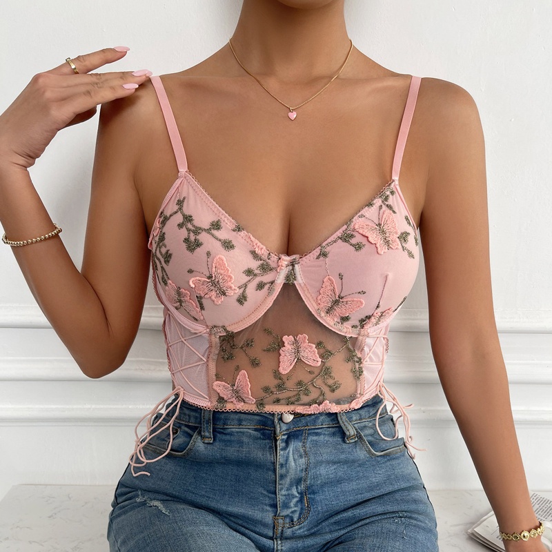 Xiangbao Áo Crop Top Hai Dây Phối Lưới Rỗng Cổ Chữ V Tinh Tế Cho Nữ